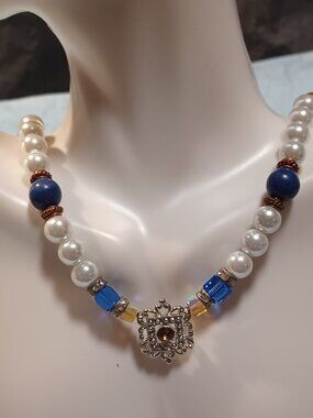 Shell Pearls, Mountain Lapis Jade & Swarovski Crystals Necklace